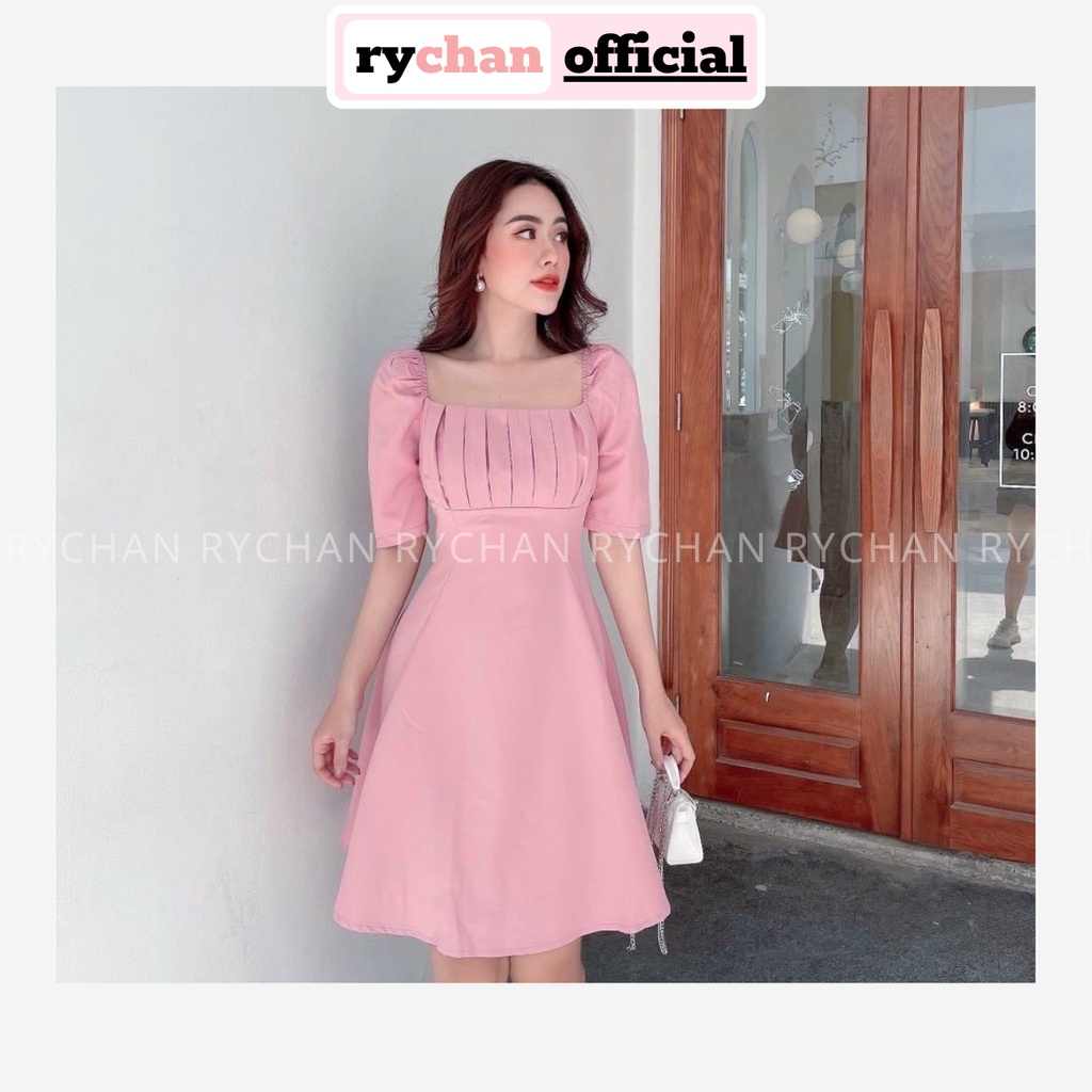 Đầm Xòe Hồng Cổ Vuông Tay Phồng Xếp Ngực  - DX0018