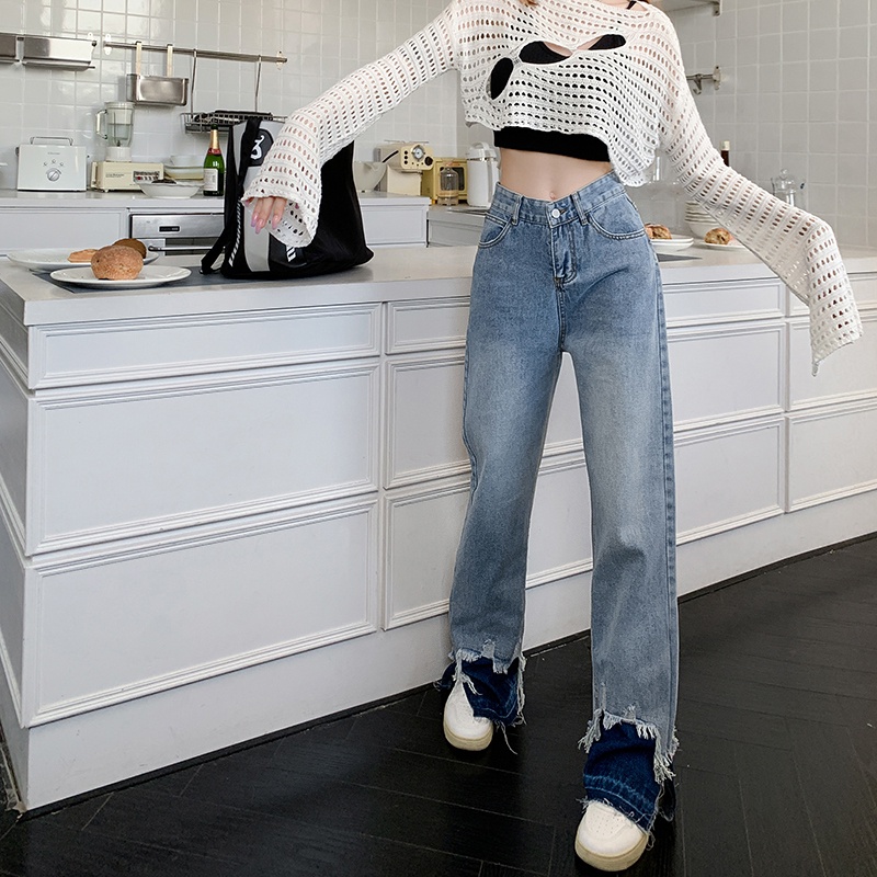 Quần jeans ZHELIHANGFEI dáng dài xẻ rách gấu thời trang phong cách cá tính cho nữ