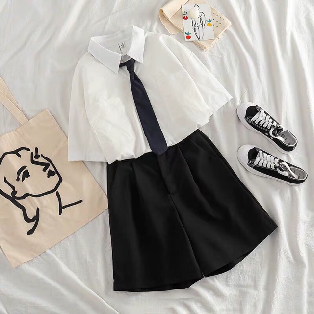 0K] ÁO SƠ MI ULZZANG KÈM CÀ VẠT PHỐI SÉT HÀN QUỐC HR003 💐💐💐💐