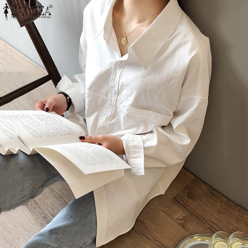 ZANZEA Áo Sơ Mi Tay Dài Cổ Bẻ Có Túi Giả Thời Trang Cho Nữ