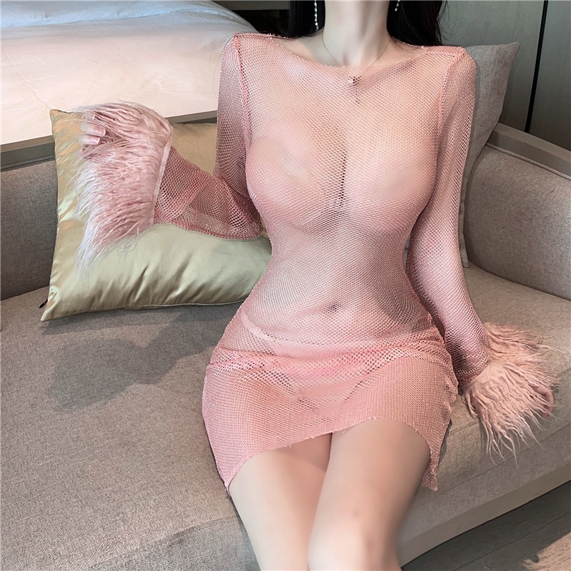 Đầm Ôm Dáng Phối Lưới Xuyên Thấu Phong Cách Âu Mỹ 2022 0684