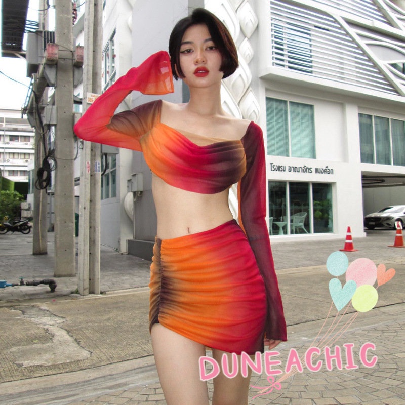 Set Áo Thun Lửng Tay Dài Nhuộm Màu Phối Chân Váy Xếp Ly Lưng Cao Thời Trang 2 Món Phong Cách Trẻ Trung Cho Nữ