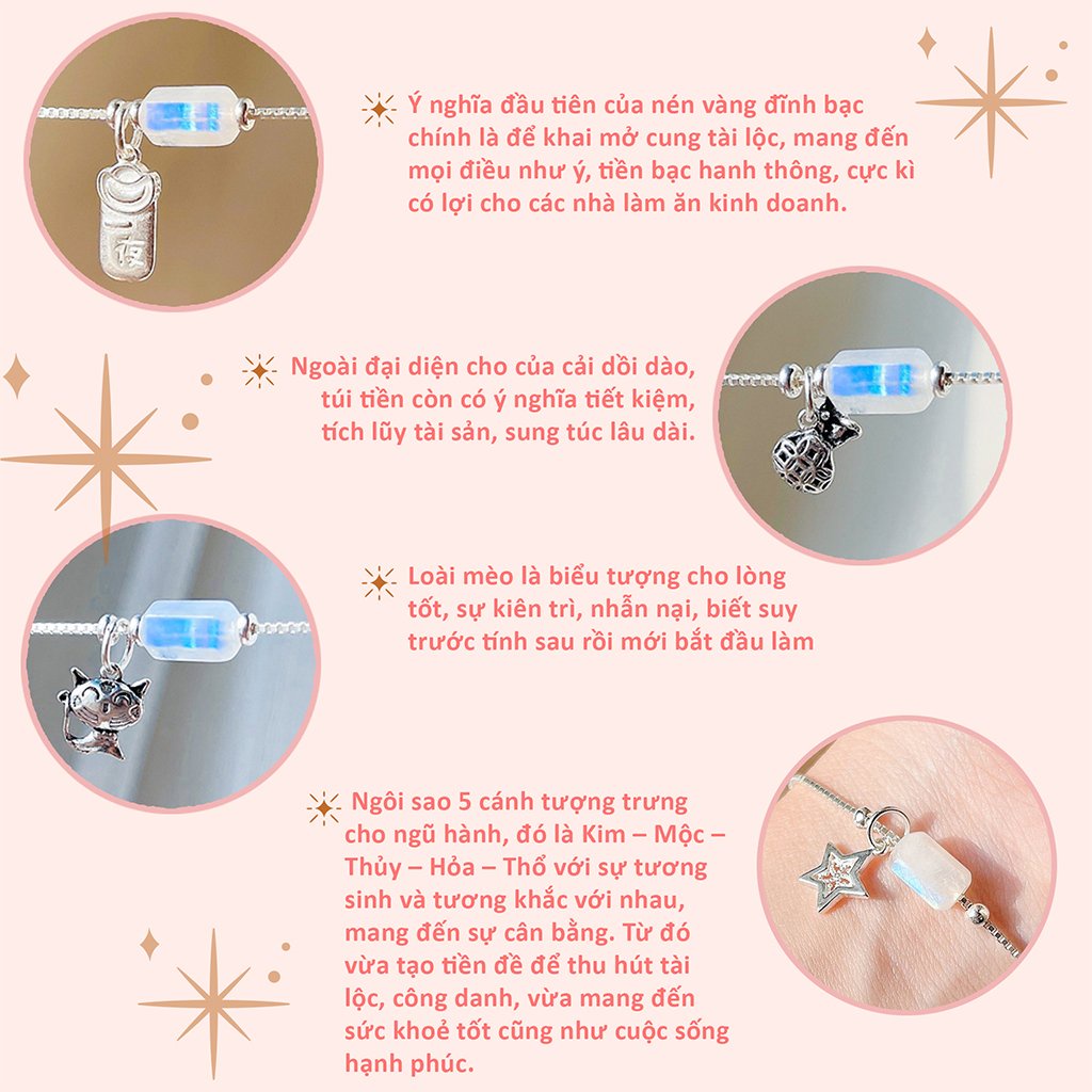 Vòng Tay Bạc Nữ Lu Thống Moonstone Mix Charm Bạc 925 May Mắn Cara Gem CR25