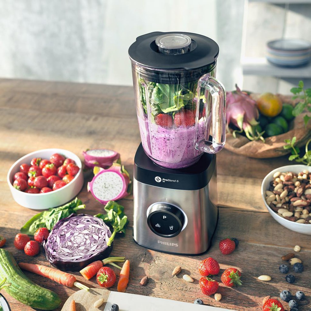 Máy xay sinh tố Philips công suất 1400W, cối thủy tinh, lưỡi dao Problend 6, bảo hành 2 năm chính hãng -  HR3652