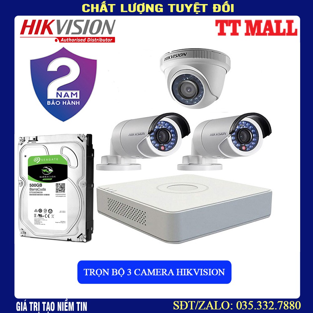 Trọn Bộ 3 Camera Quan Sát Hikvision 1.0 megapixel HD 720P +20m dây liền nguồn đúc sẵn 2 đầu cho mỗi mắt