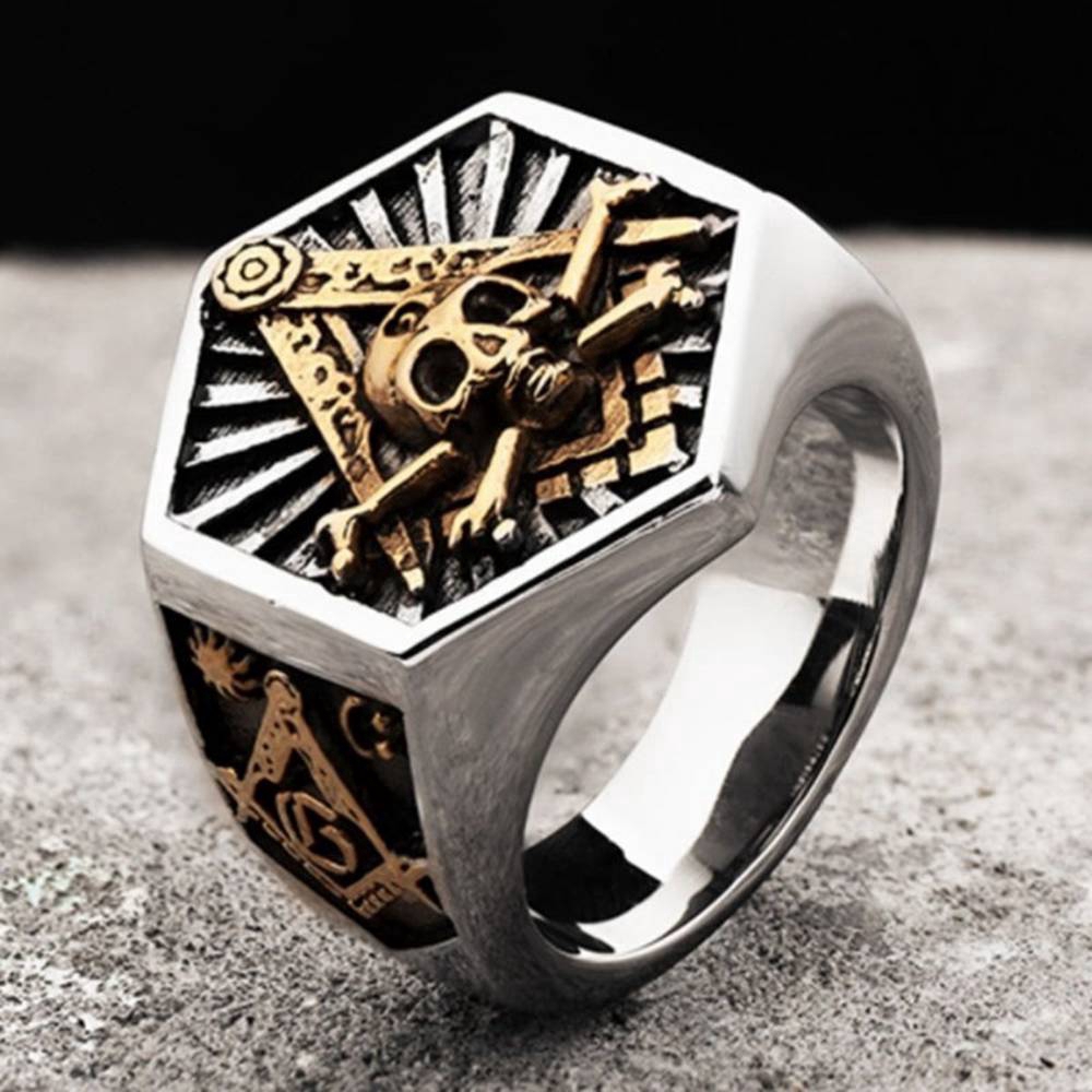 Perhiasan Totem Punk Knight Pria, Cincin Masonik Heksagonal