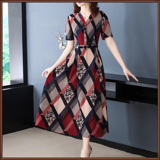 Đầm Dài Cổ Chữ V Tay Ngắn Họa Tiết Kẻ Ô Kèm Thắt Lưng Phong Cách Cổ Điển Dành Cho Nữ