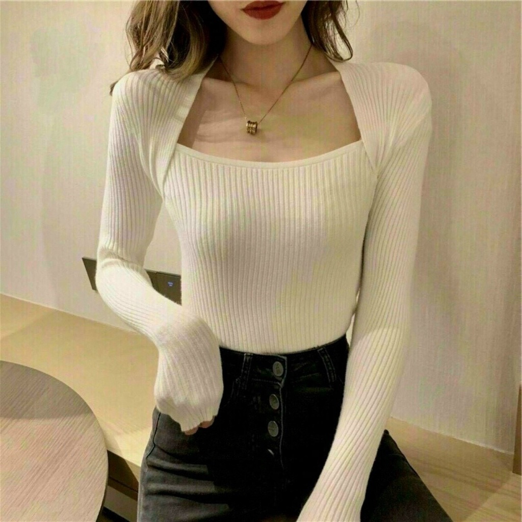Áo Thun Kiểu Nữ Tay Dài Body Cổ Vuông Đắp Chéo