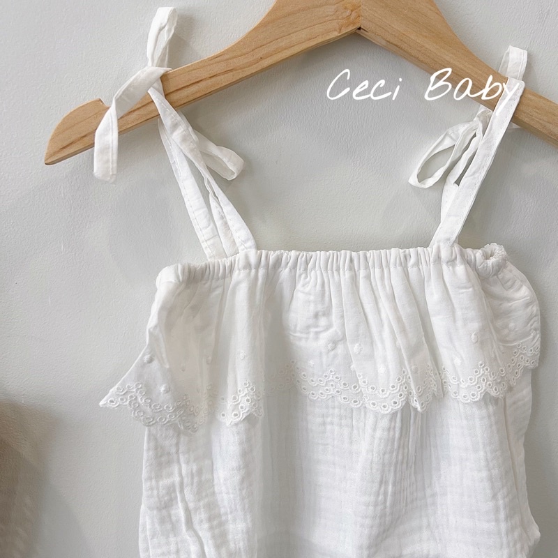 Bộ áo liền quần 2 dây sơ sinh bé gái màu trắng đáng yêu ảnh thật