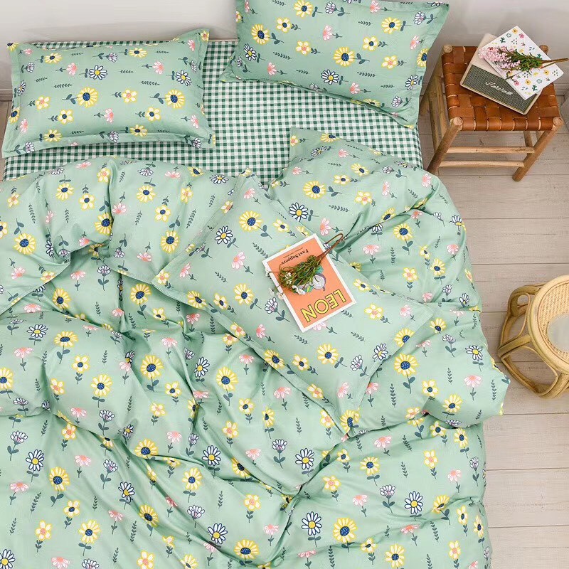 Bộ chăn ga gối cotton poly Lidaco decor phòng ngủ vintage - Hướng Dương Xanh SP001130