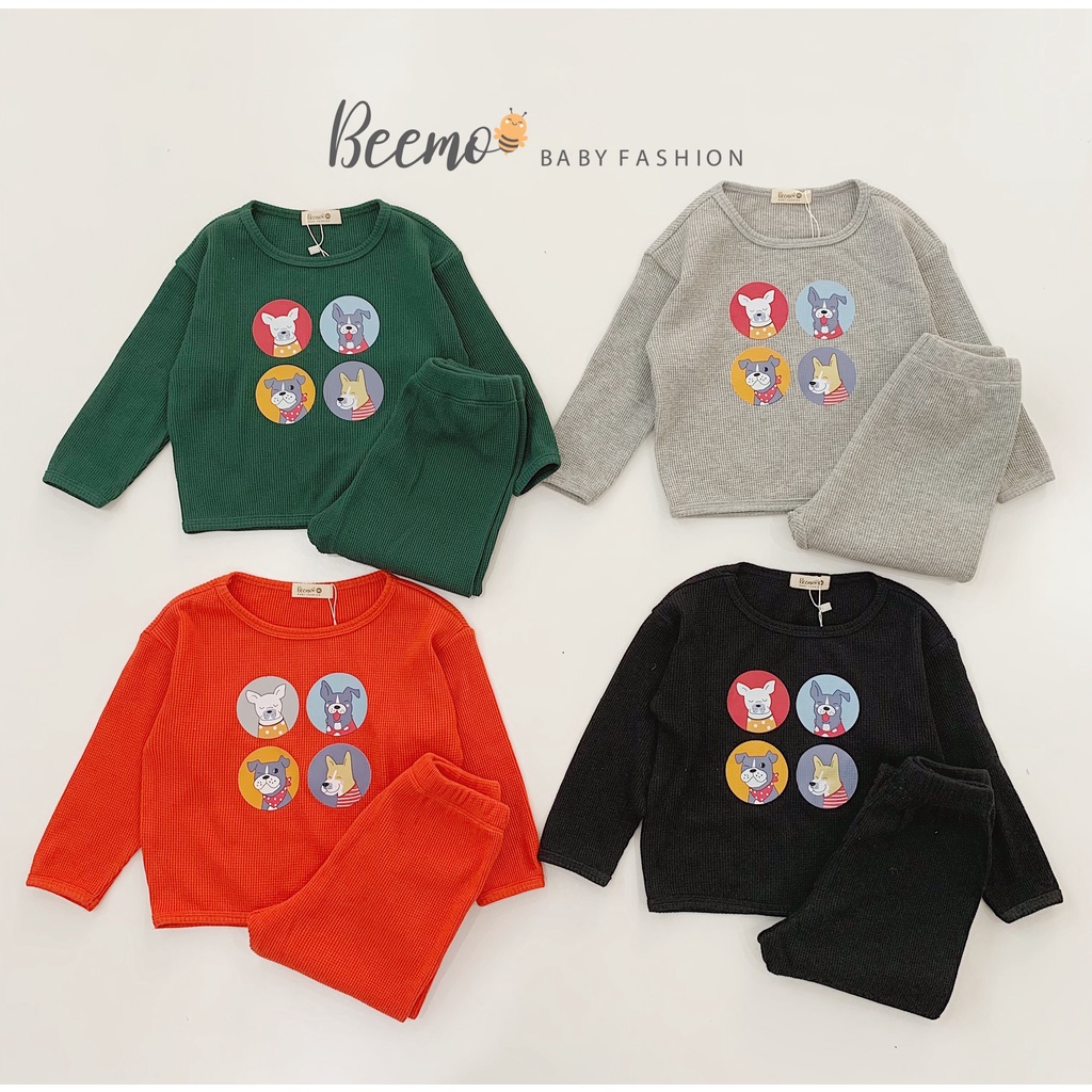 Set bộ quần áo dài tay Beemo cho bé trai bé gái cotton tổ ong mềm mại in hình những chú chó ngô nghĩnh - 21B188