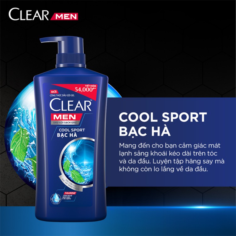 Dầu gội Clear Men Cool Sport sạch gàu, mát lạnh bạc hà 650g (637ml)