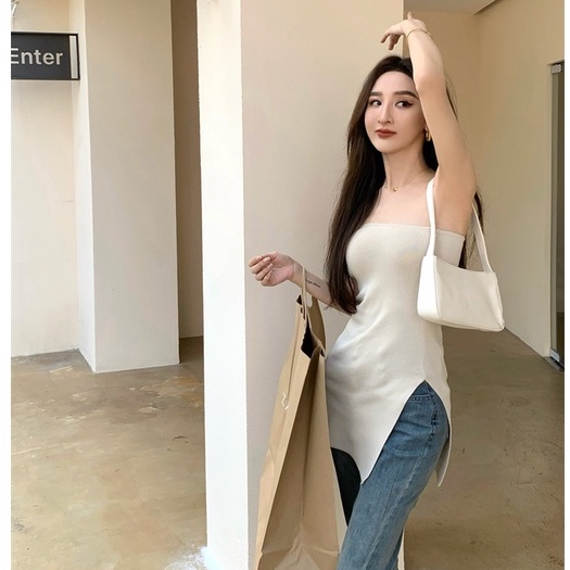 Bộ Áo Ống Xẻ Tà + Quần Denim Lưng Cao Thời Trang Hàn Quốc Cổ Điển