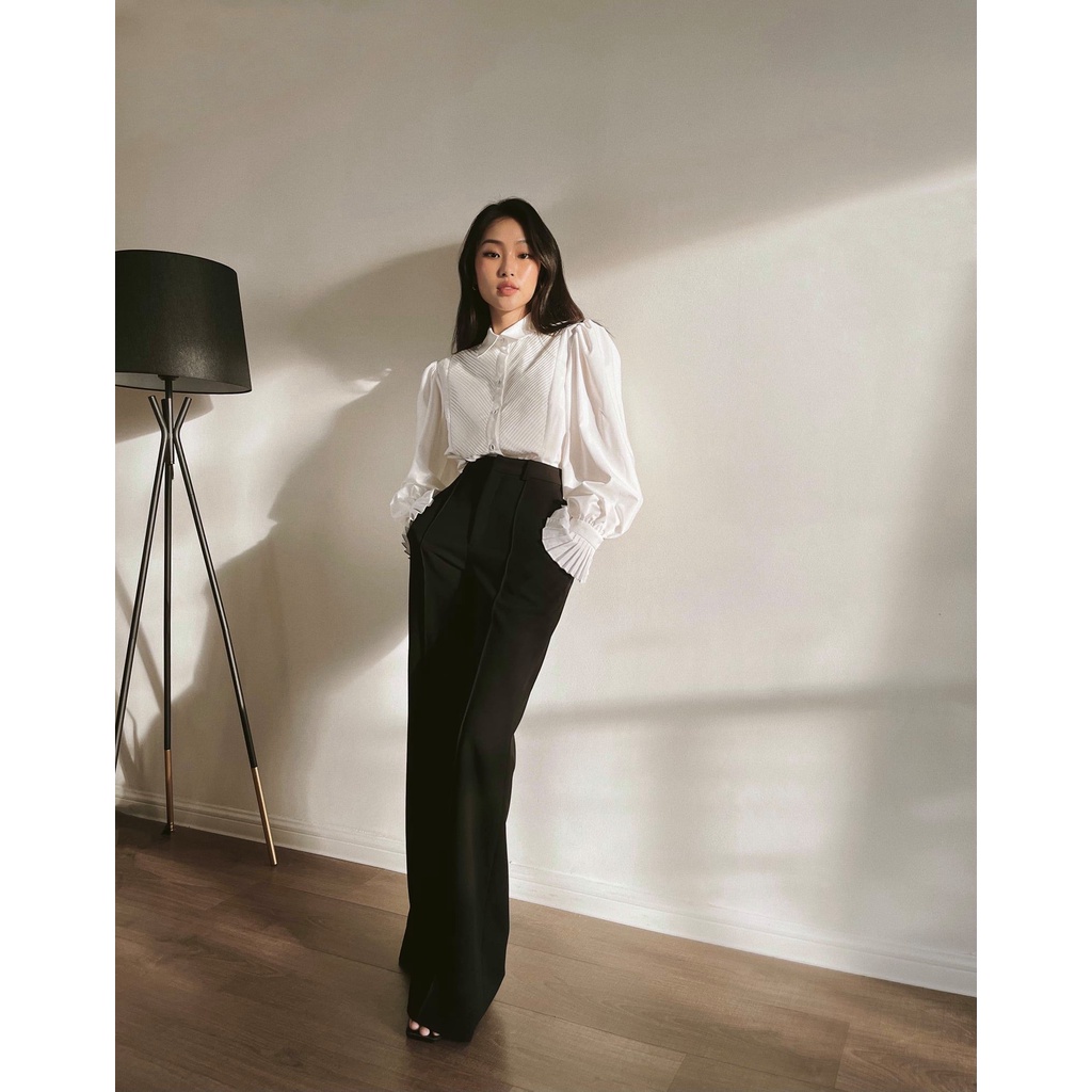 Áo sơ mi cotton lụa nữ HUONG BOUTIQUE HBSM931 tay bèo, dập ly