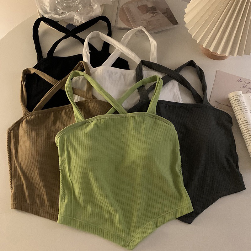 Áo Crop Top Hai Dây Có Mút Đệm Ngực Màu Sắc Đơn Giản Quyến Rũ Dành Cho Nữ