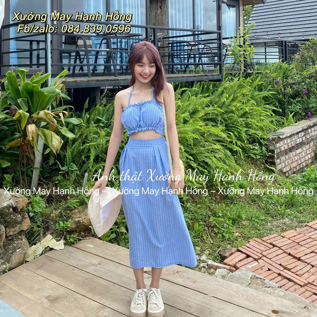 Set áo croptop quây 2 dây kèm chân váy midi kẻ xanh đi biển, đi du lịch