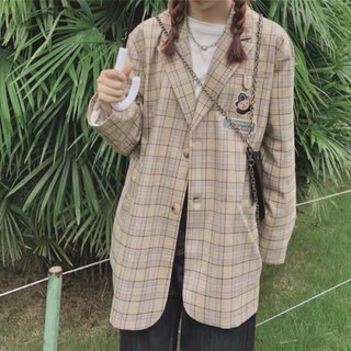 [HÀNG ORDER] Áo blazer kẻ nâu thêu hình gấu freesize (Ảnh thật ở cuối)