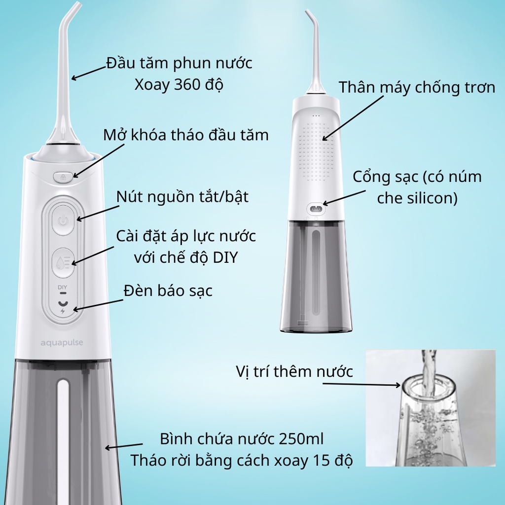 Máy tăm nước cầm tay không dây Aquapulse A600 Oral Irrigator DIY mode 250ml