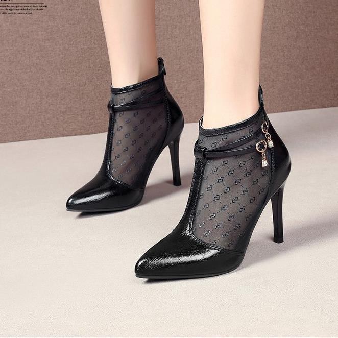 ✣⊕┅Net gauze sandals women 2021 new pointed-toe boots fine-heeled hollow high-heel Baotou Roman