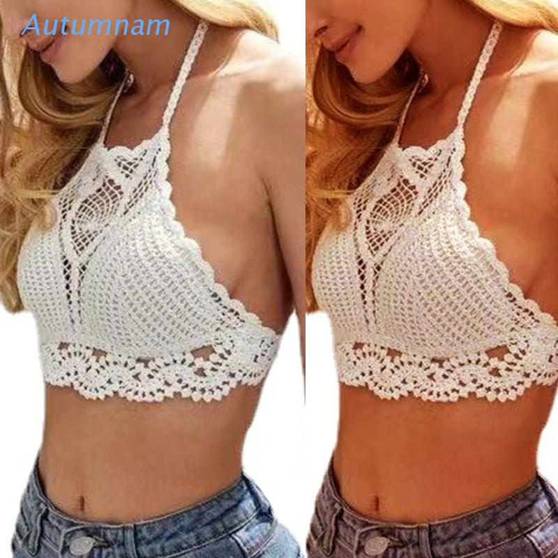 Áo Ngực Đan Len Phối Lưới Hở Lưng Có Mút Nâng Ngực Họa Tiết Hoa Cúc Thời Trang Đi Biển Cho Nữ