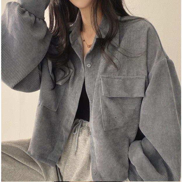 Áo sơ mi dài tay dáng croptop chất nhung tăm , áo sơ mi dáng lửng chất nhung tăm