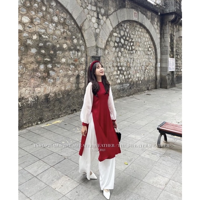 [HÀNG MỚI VỀ] SET ÁO DÀI LỤA ĐỎ CÁCH TÂN KÈM VÁY TRẮNG