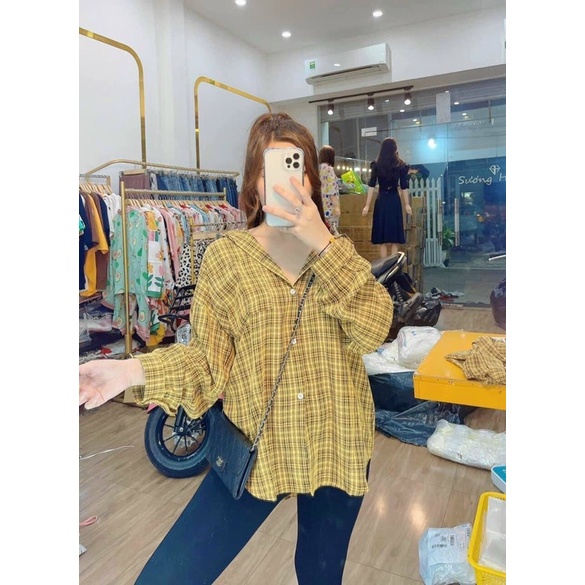 Áo Khoác Sơ Mi Dáng Rộng Tay Phồng phong cách Ulzzang Nhiều Màu Họa Tiết Sọc Caro Thời Trang Nữ Mùa Hè