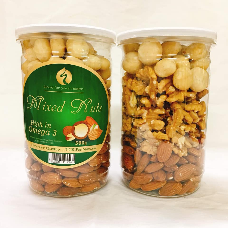 Mixed nuts 3 loại hạt 500g (óc chó vàng, macca, hạnh nhân).