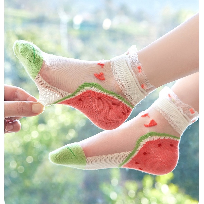 Set 5 Đôi Vớ Cotton Siêu Mỏng In Họa Tiết Trái Cây/Dưa Hấu Hoạt Hình Mùa Hè Cho Bé Gái Từ 1-12 Tuổi