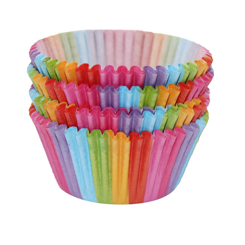 Bộ 100 Cốc Giấy Màu Cầu Vồng Làm Bánh Cupcake