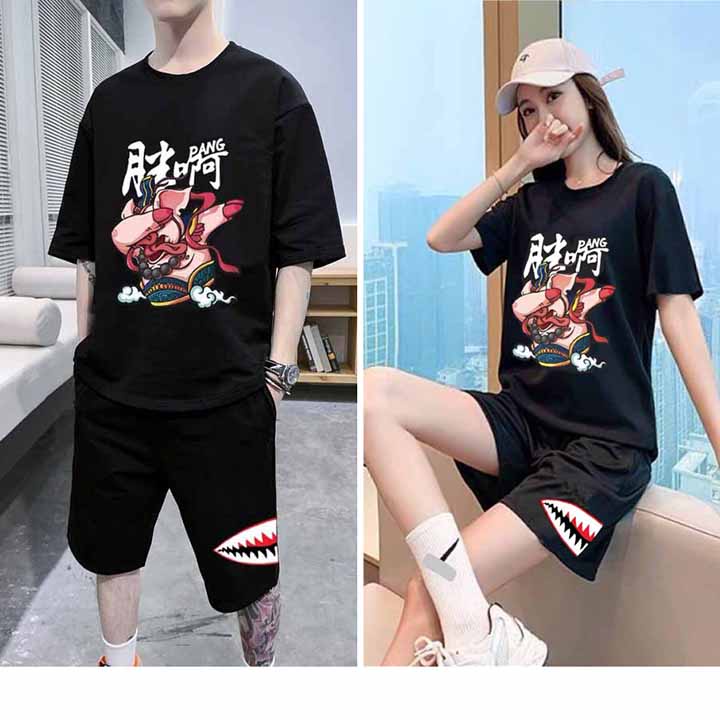 Bộ Nam Hè, Sét Thể Thao Mặc Nhà In Hình Heo Chất Thun Mè Co Dãn 4 Chiều Đen Phong Cách , quần đùi áo ngắn tay H01