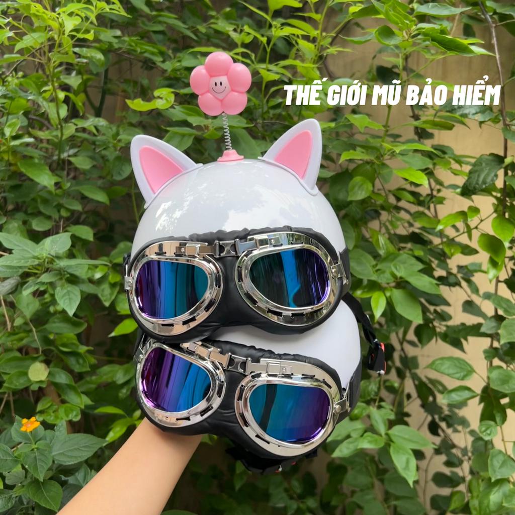 Nón bảo hiểm nửa đầu kính phi công kèm TAI MÈO 2 màu và bông hoa gắn mũ bảo hiểm 1/2 dễ thương,tặng kèm stiker dán mũ