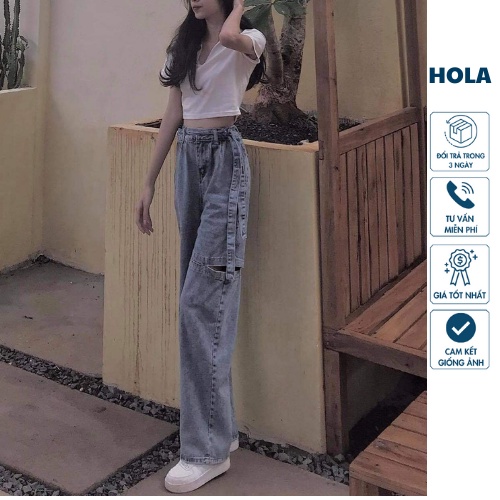 Quần jean nữ  quần nữ cạp cao ống rộng thiết kế rách tà dây eo ulzzang cá tính HOLA C5