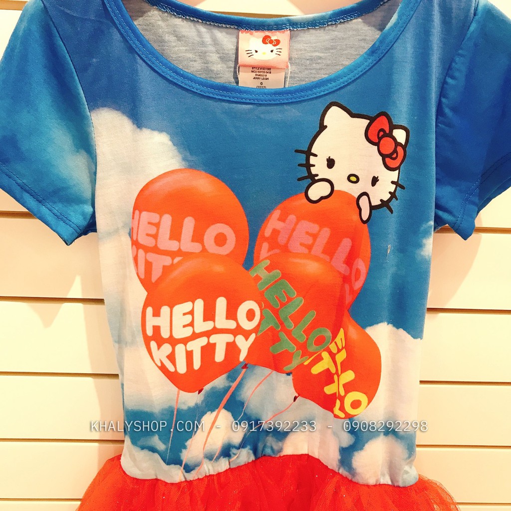 Đầm thun trẻ em hình mèo Hello Kitty đám mây màu xanh phối lưới hồng size L cho bé gái 10,12 tuổi - DTKTLXH