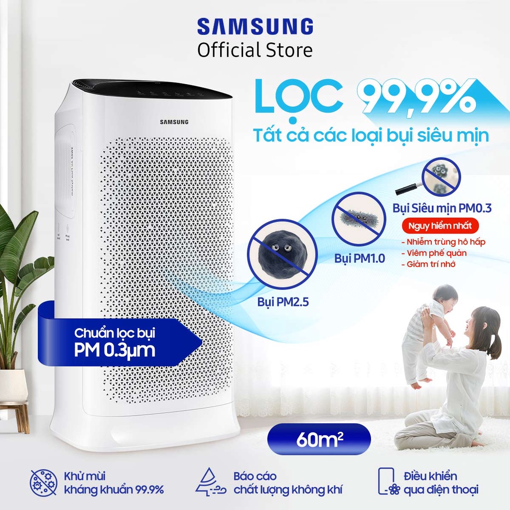 Máy lọc không khí Samsung 60m2 AX60R5080WD, lọc bụi mịn PM0.3, kháng khuẩn 99.9%