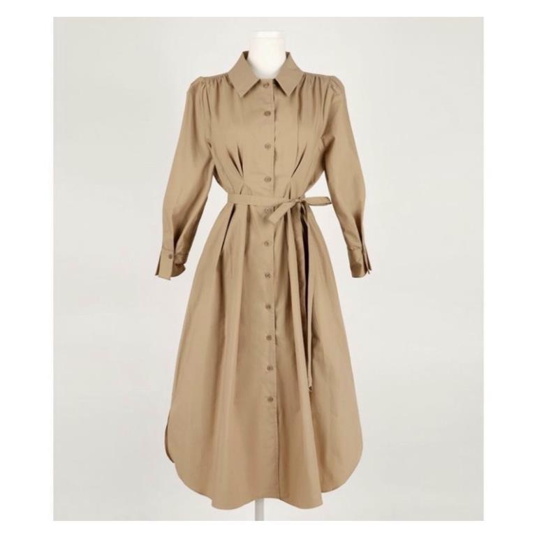 X2 Đầm dáng dài màu kem kiểu sơ mi tay dài váy công sở dây thắt lưng chiết eo tôn dáng