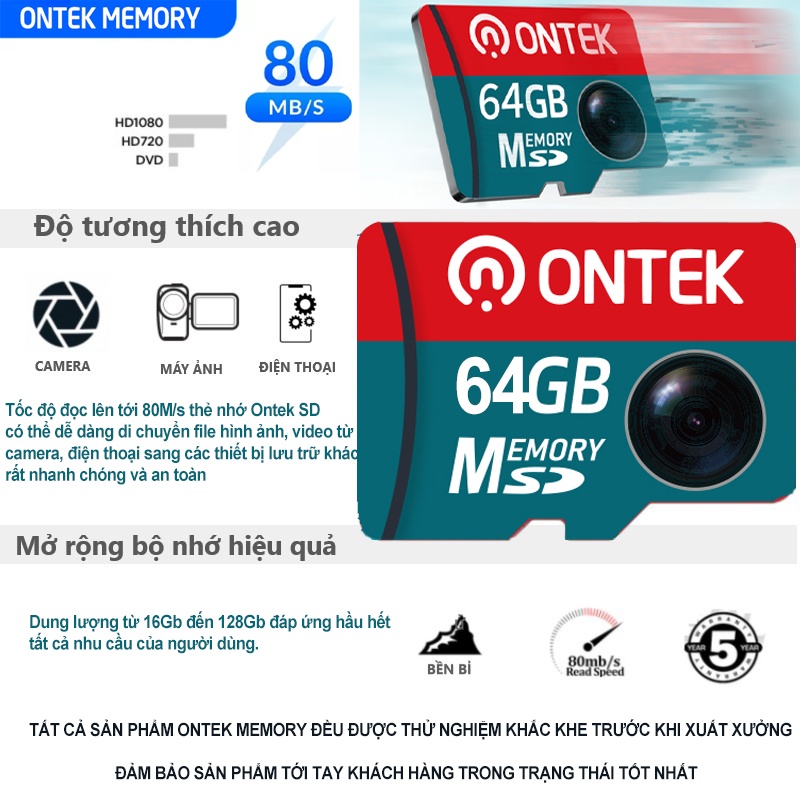 Thẻ nhớ MicroSD Onviz Pro 64GB/32GB/ ONTEK SD 64GB/ 32GB/16GB, Tốc độ Class 10, chuyên camera