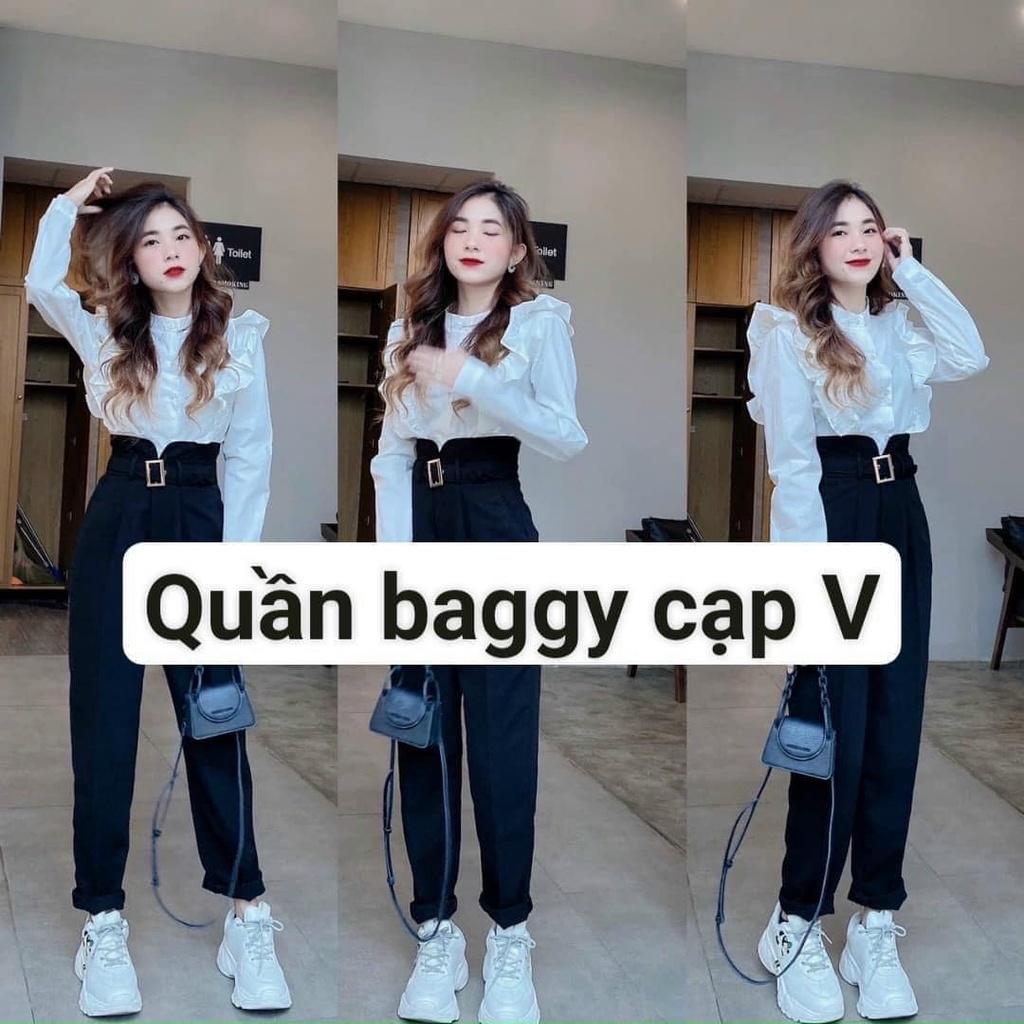 Quần Baggy Học Sinh Đi Học Cạp V Lưng Cao Màu Đen B01