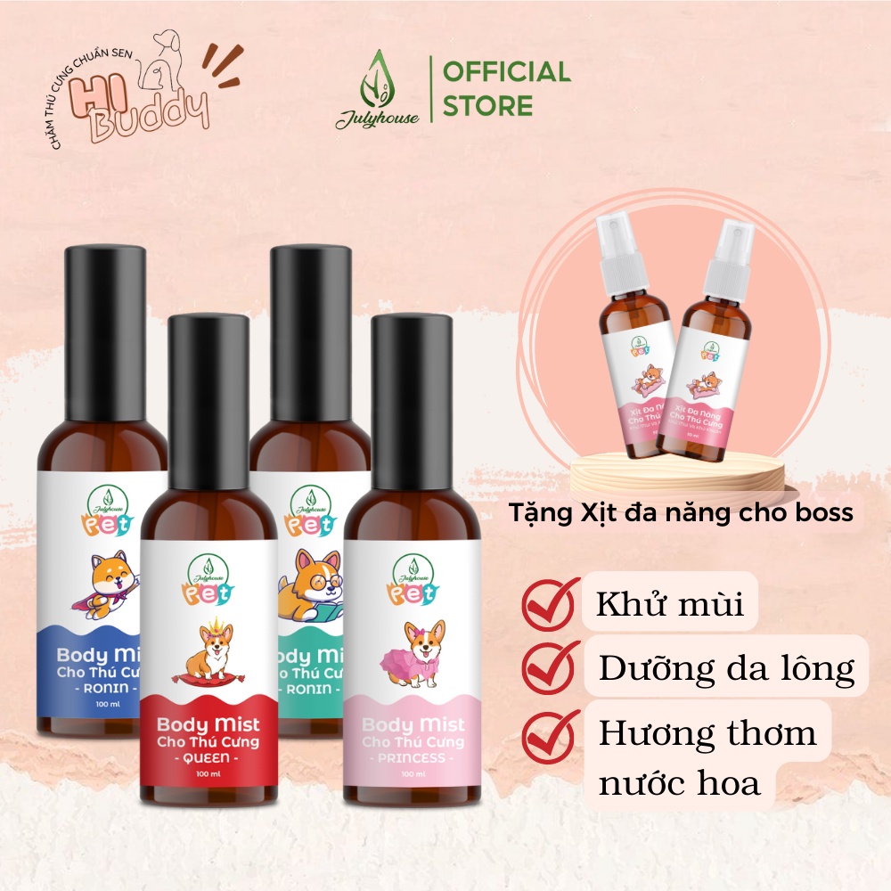 Bodymist xịt thơm khử mùi cho chó mèo JULYHOUSE dưỡng da lông, thơm lâu hương nước hoa