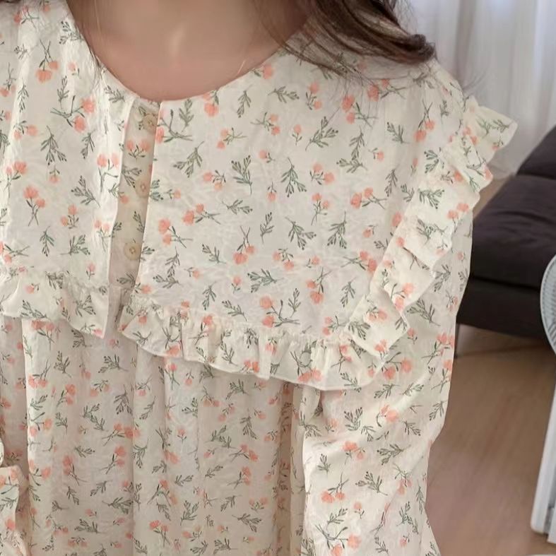 Đầm Ngủ Tay Dài Viền Bèo In Họa Tiết Hoa Hồng Ngọt Ngào Phong Cách Hàn Quốc Thời Trang Xuân Thu Mới Cho Nữ