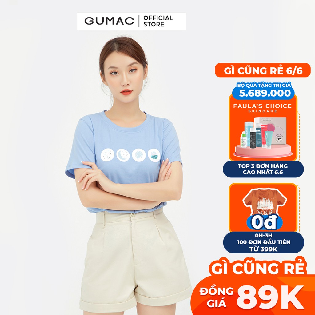 Áo thun nữ basic in họa tiết GUMAC màu xanh, tay ngắn năng động ATB553