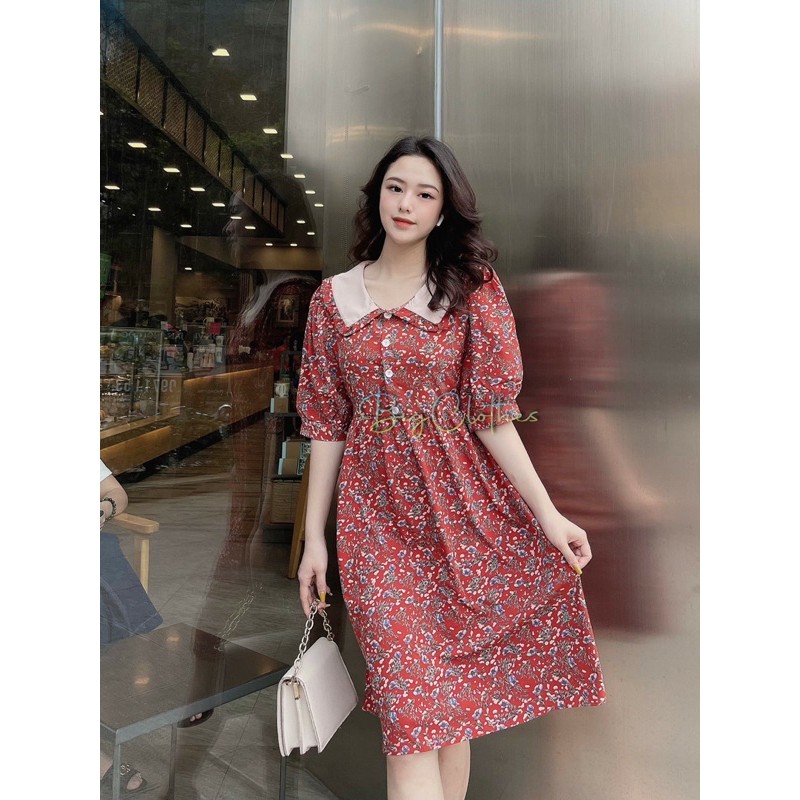 Váy đầm bigsize hoa nhí có lưng thắt eo màu đỏ thiết kế cổ bèo trắng sang chảnh thoáng mát từ 45kg đến 75kg | BigBuy360 - bigbuy360.vn