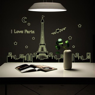 Nhãn dán tường họa tiết tháp Effel và thành phố Paris dạ quang độc đáo