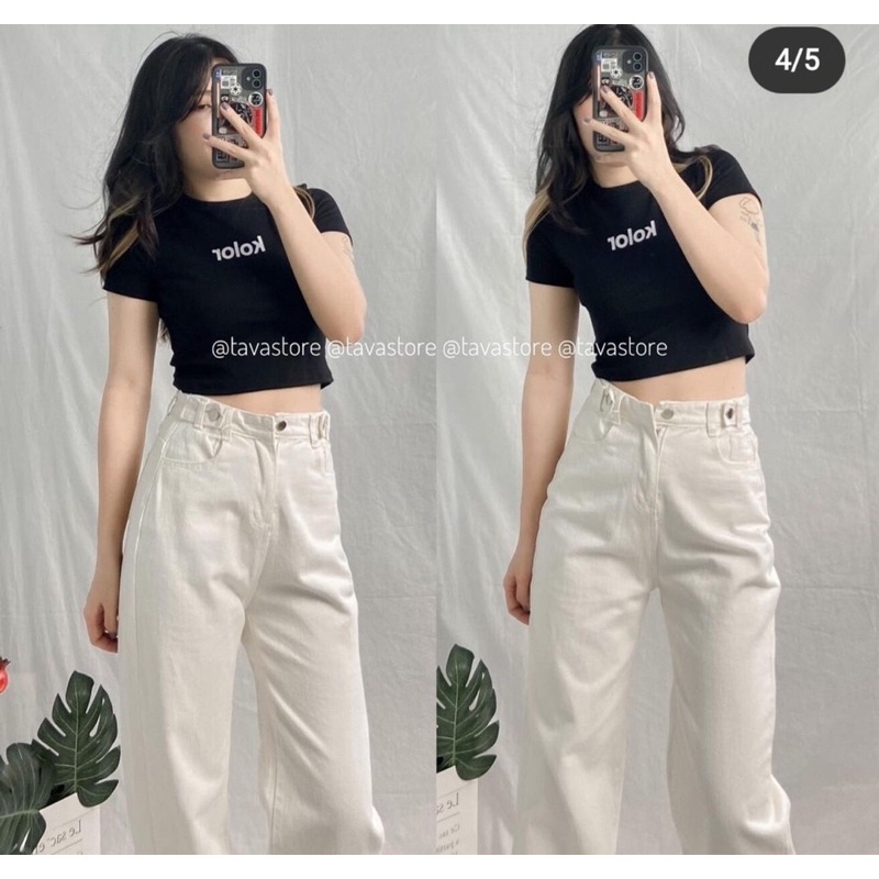 Quần Jean suông đen trắng cúc cài quốc dân (Ảnh thật)