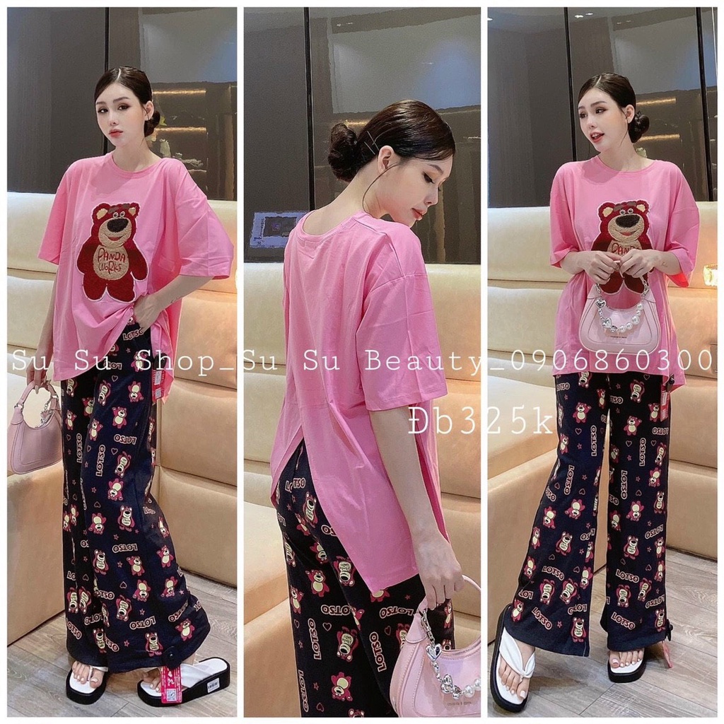 Set Bộ Nữ Áo Thun Thêu Gấu + Quần Dài Suông Gấu