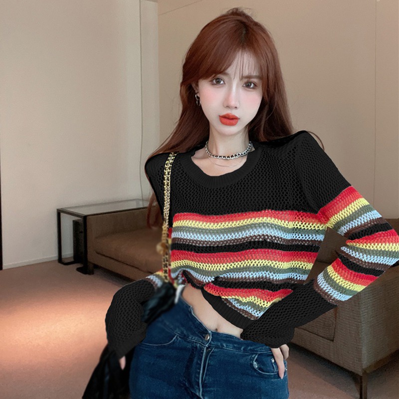 Áo Croptop Dệt Kim Tay Dài Dáng Rộng Kẻ Sọc Màu Tương Phản Cá Tính Cho Nữ