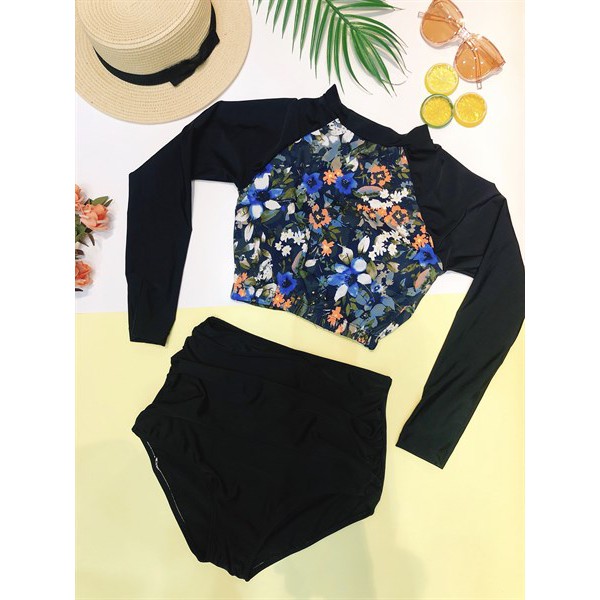 Bikini hai mảnh dài tay hoa mặc đi biển đi bơi chống nắng | BigBuy360 - bigbuy360.vn