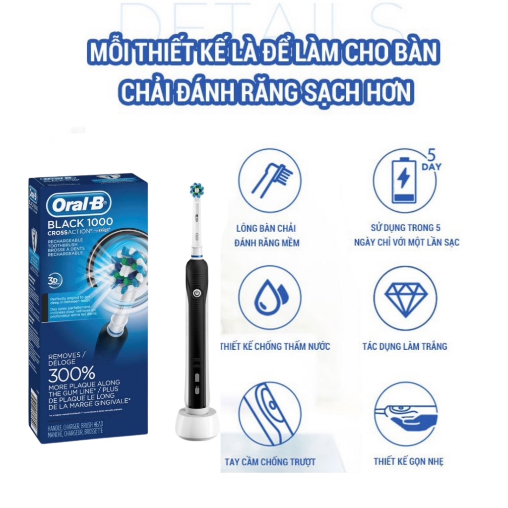 Bàn chải điện đánh răng tự động Oral B Pro 1000 xanh dương cao cấp làm sạch răng, hạn chế viêm nướu