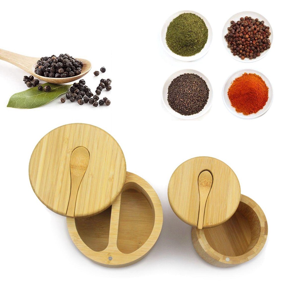 Hộp Đựng Gia Vị Bằng Tre Kèm Muỗng Tiện Dụng Cho Gia Đình
