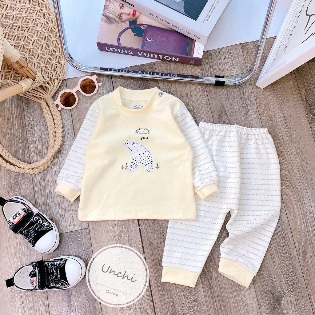 Bộ quần áo dài tay cúc cài vai vải cotton nỉ mềm thu đông Unchi cho bé trai bé gái